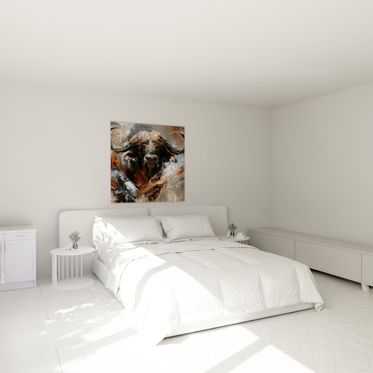 Cornes recourbées grises et mufle sombre du buffle, accrochées au-dessus d'un lit dans une chambre claire