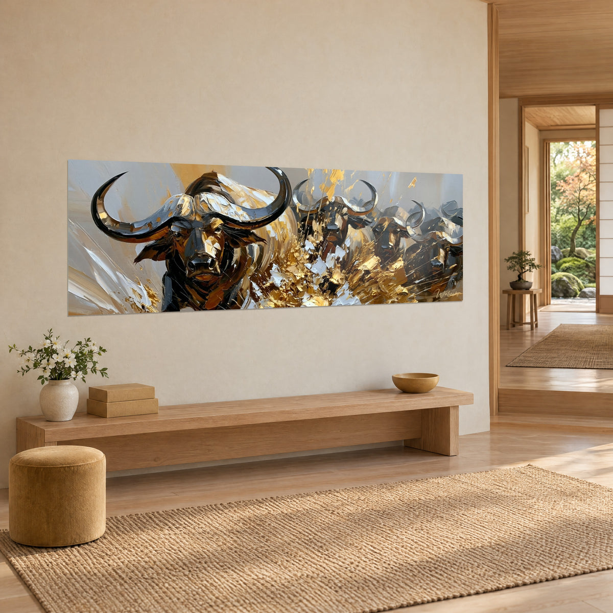 Cuadro toro salvaje de cuernos curvados como un espejo oscuro, destellos de oro y gris, pared beige de una casa japandi