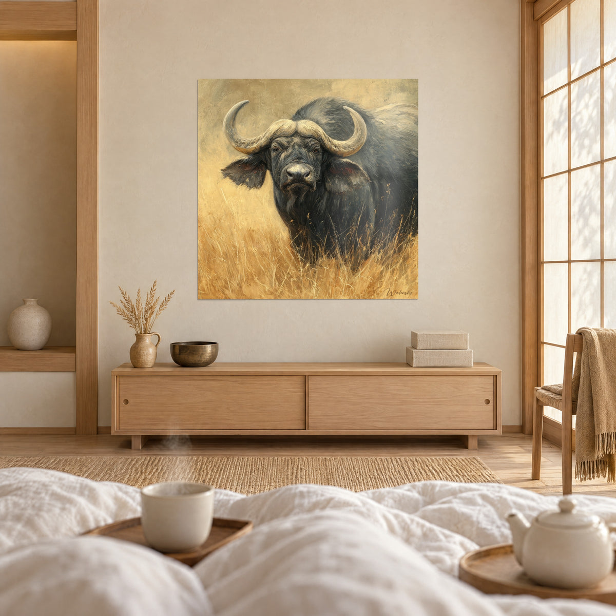 Tableau taureau sauvage d'Afrique, mufle gris et prairie jaune doré, regardé par un couple de dos au-dessus d'un lit dans une chambre claire