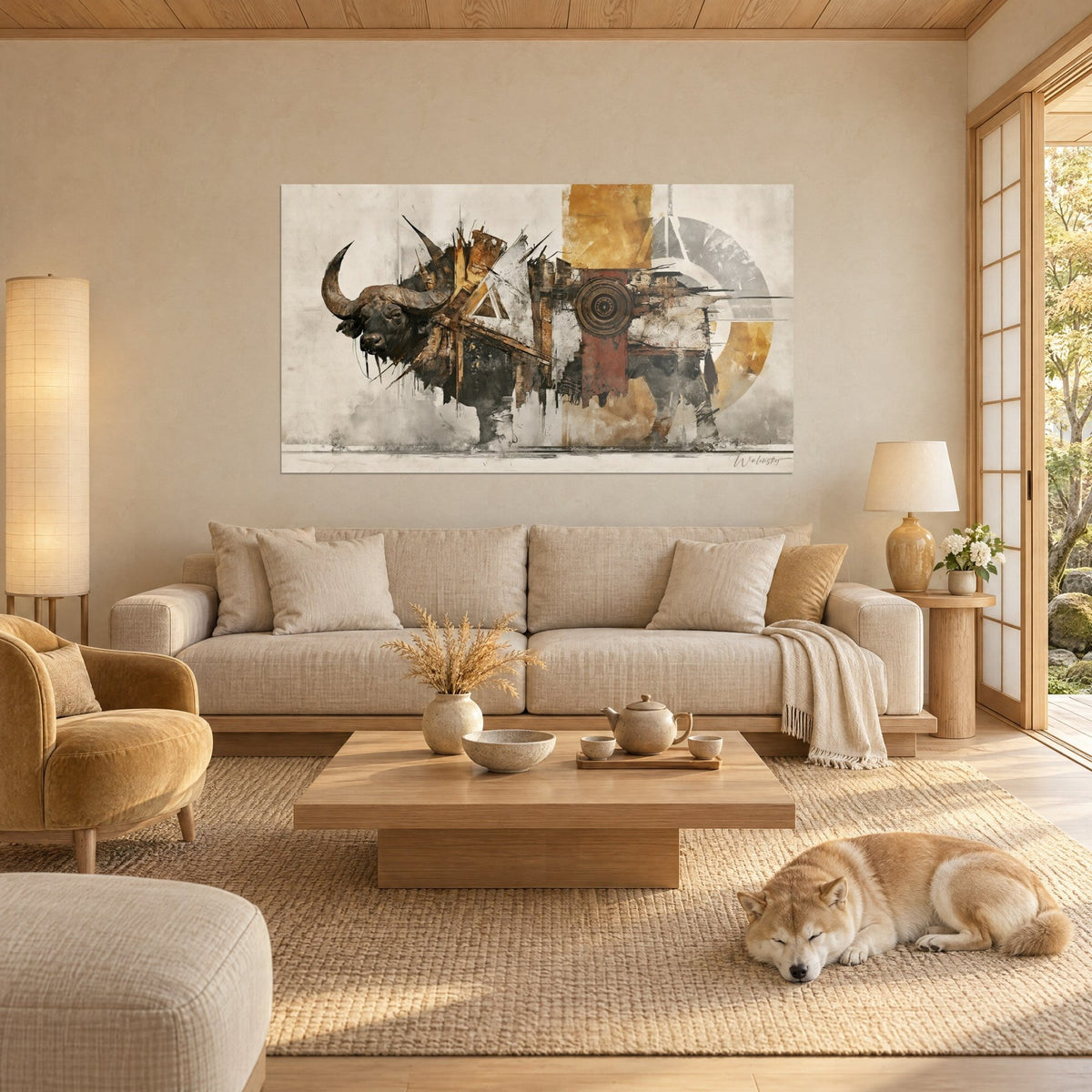 Schilderij mechanische buffel met gebogen hoorns, roest en goud op crèmekleurige achtergrond, boven een bank in een lichte woonkamer