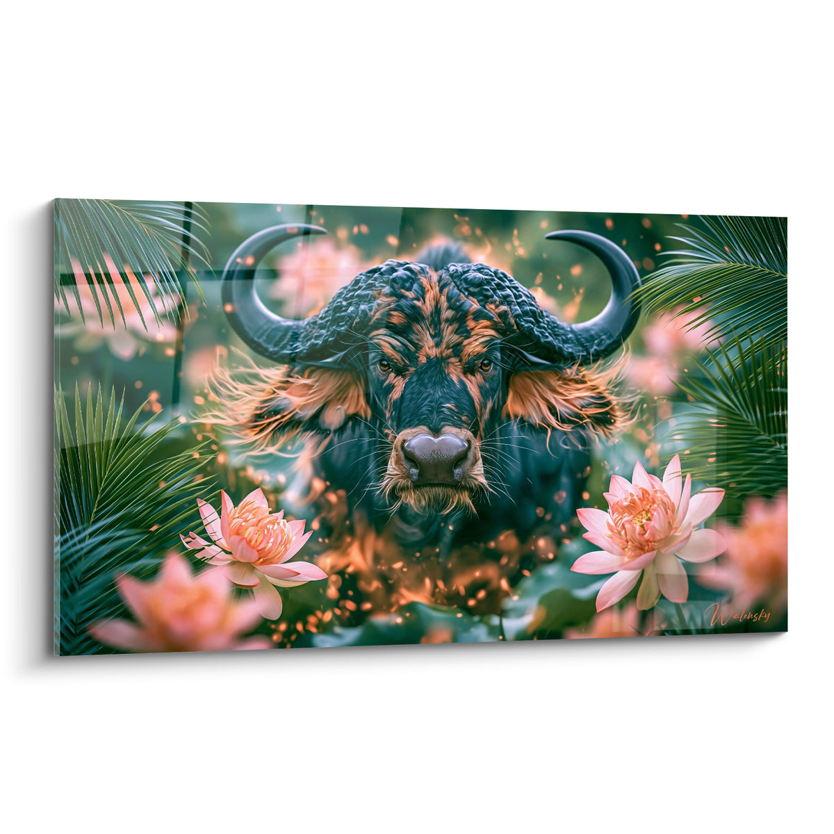 Buffle noir aux cornes massives entouré de lotus roses et de vert émeraude tropical
