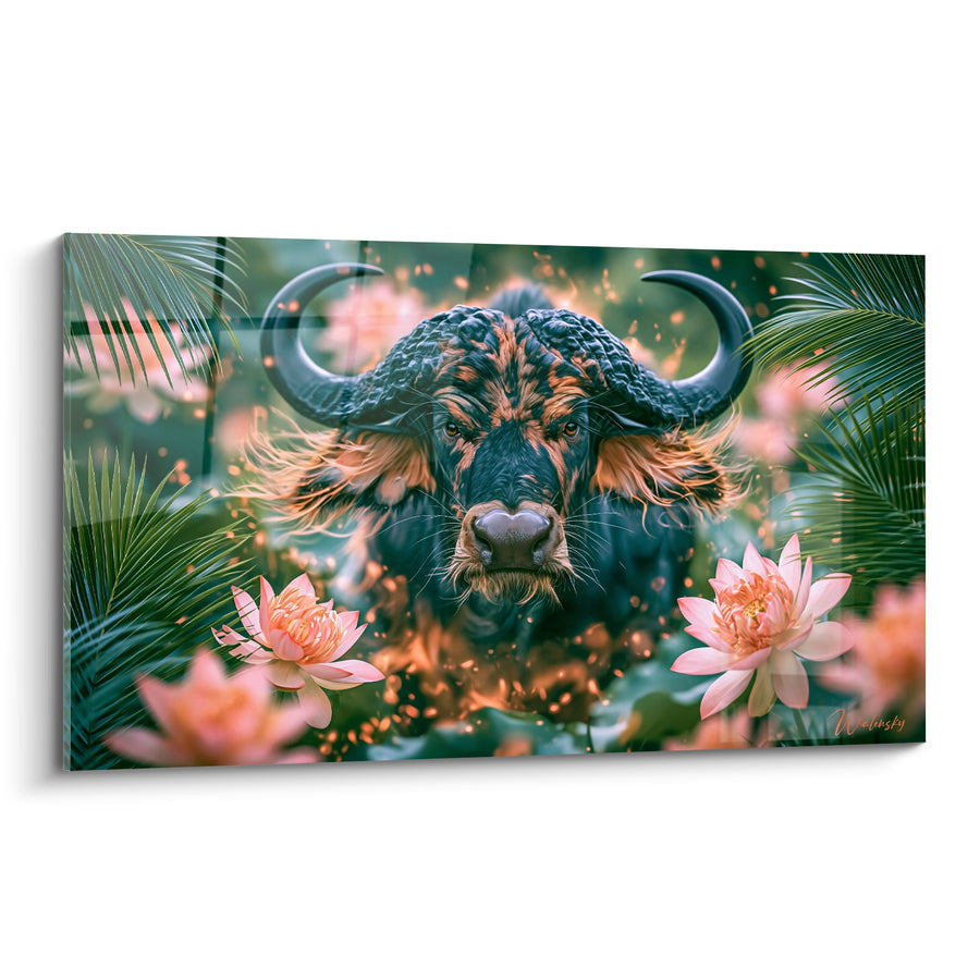 Tableau Buffle noir aux cornes massives et lotus roses - Gardien de la jungle - Edition Buffle