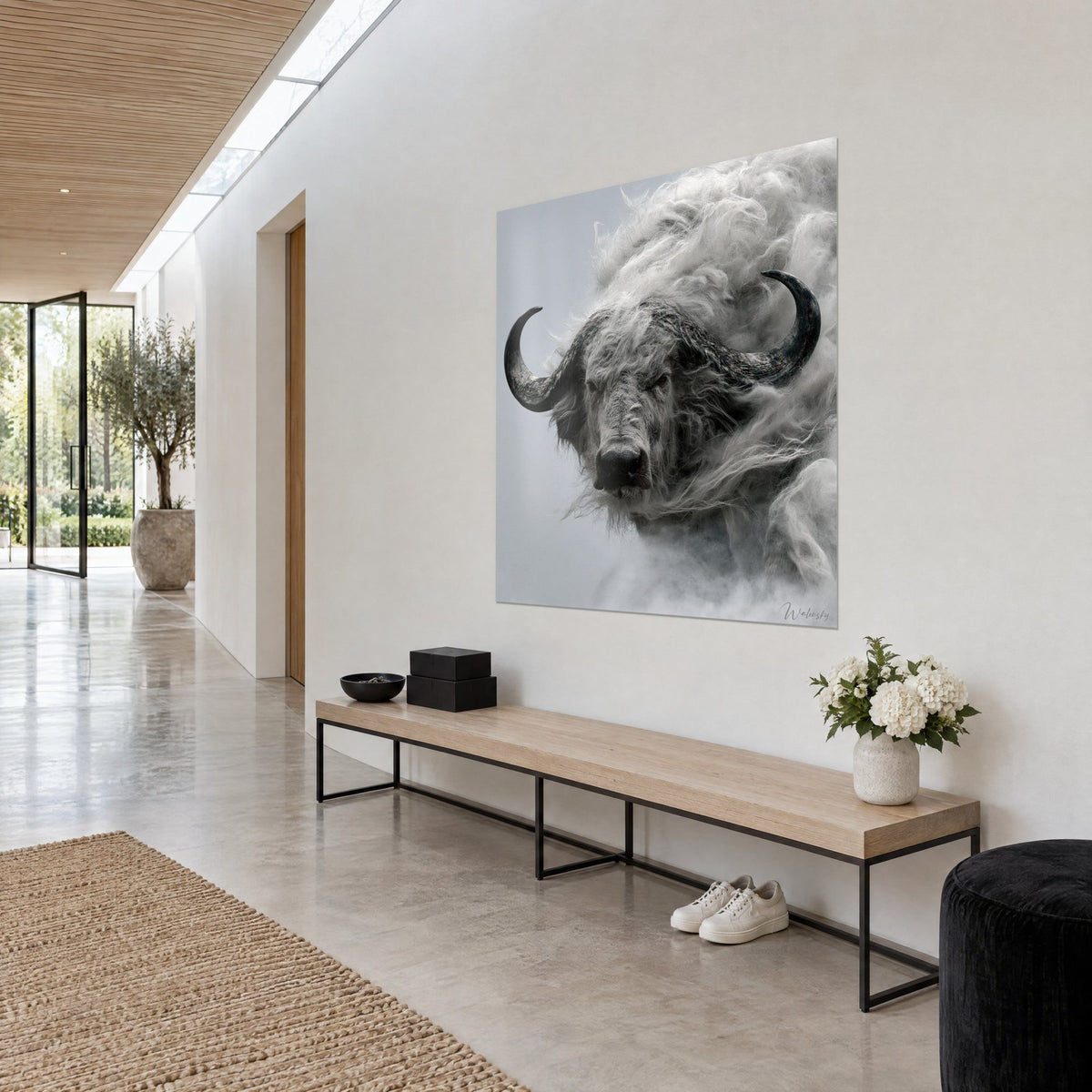 Tableau taureau sauvage au pelage laineux blanc et gris, regard sombre, accroché en trois-quarts dans un couloir lumineux