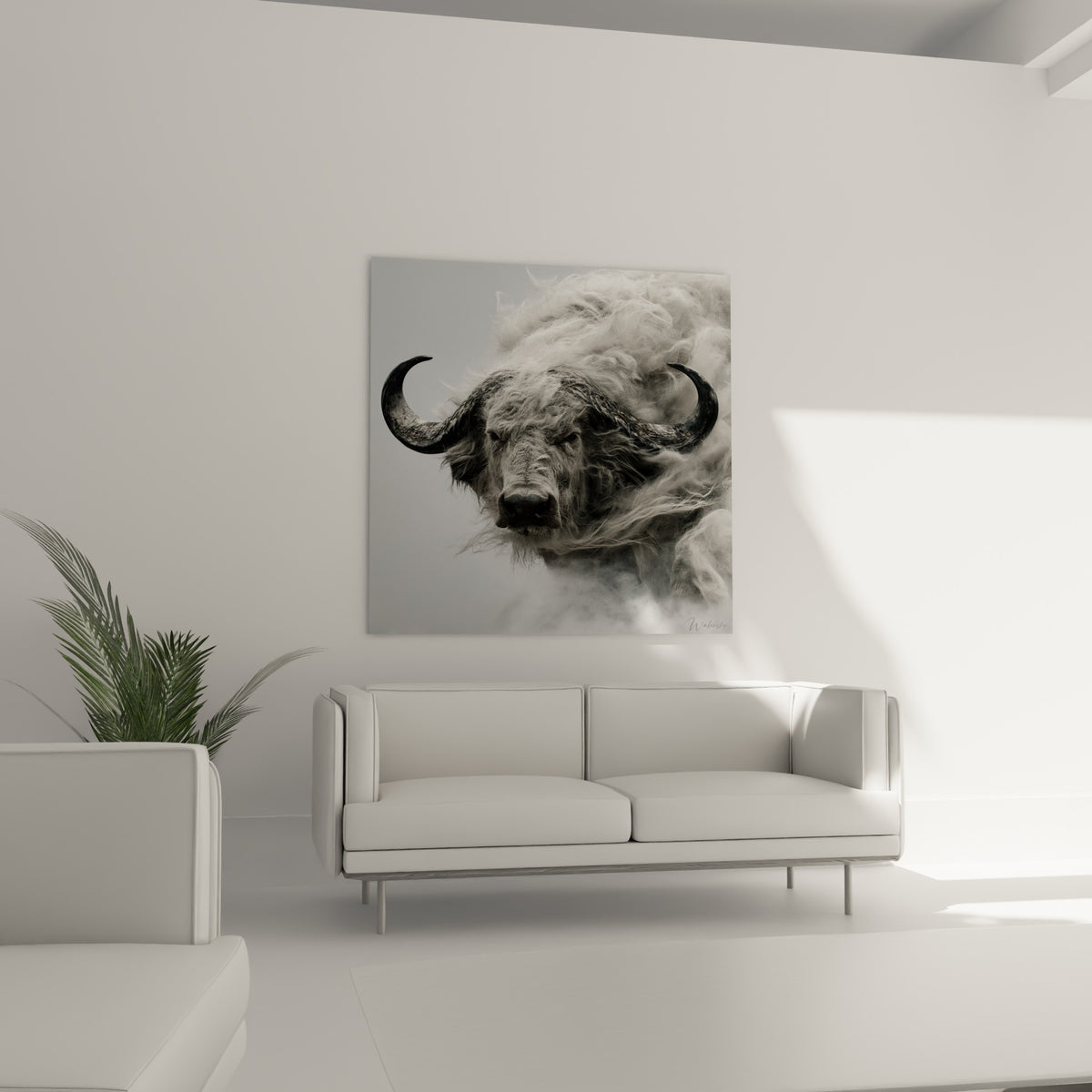Cornes recourbées sombres du buffle blanc au-dessus d'un canapé dans un salon lumineux