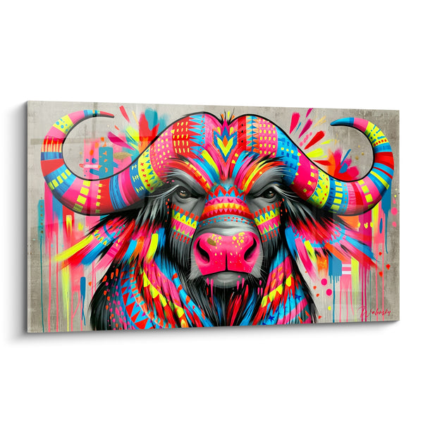 Schilderij Buffel roze en geel met tribale patronen - Levendig stedelijk totem - Buffel Editie