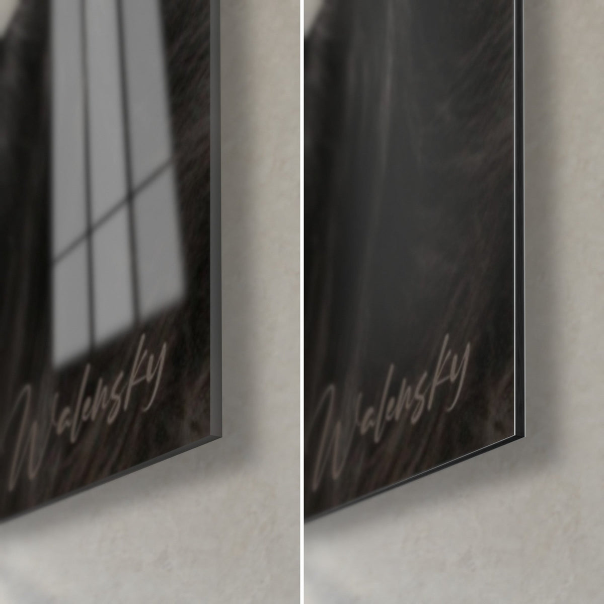 Gemälde Schwarzes Hornvieh, untere rechte Ecke: glänzendes Acrylglas, das ein Fenster spiegelt, mattgraues Dibond-Aluminium und 3 mm Kantenstärke