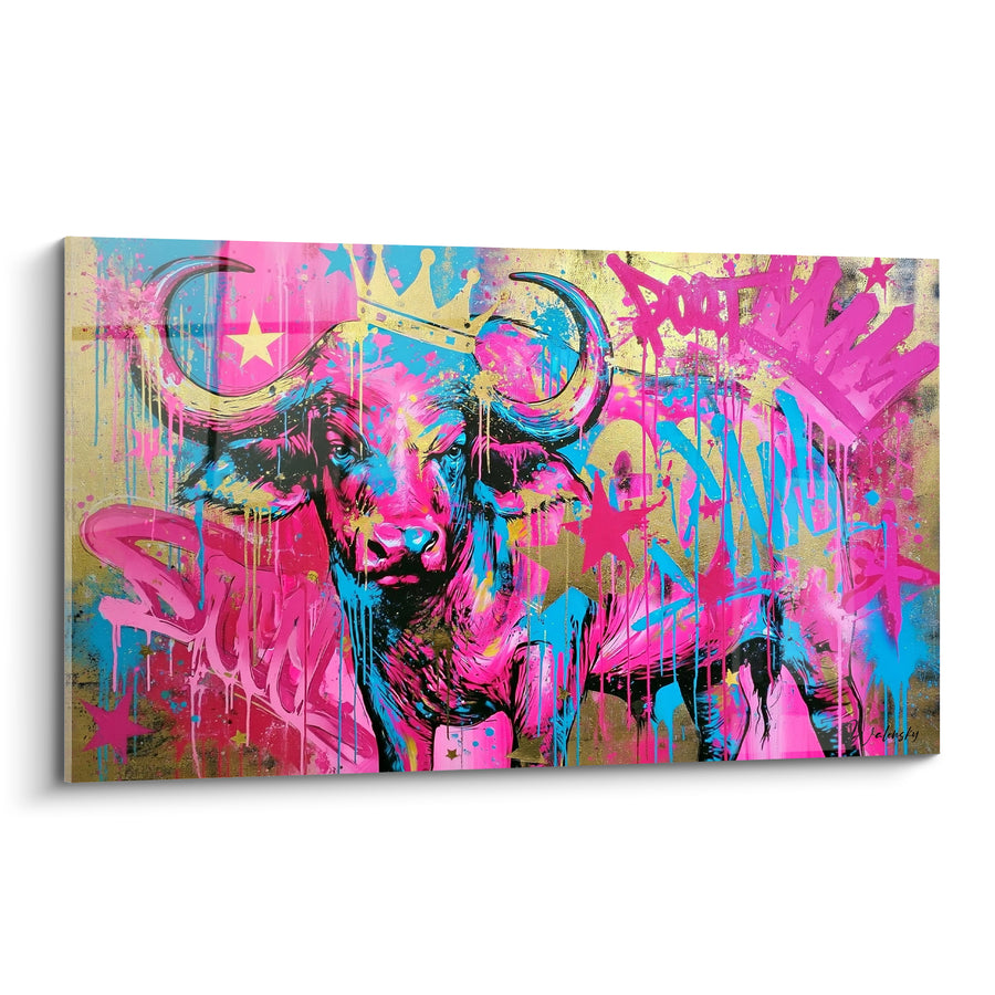 Tableau Buffle couronné rose et doré graffiti - Royauté urbaine - Edition Buffle