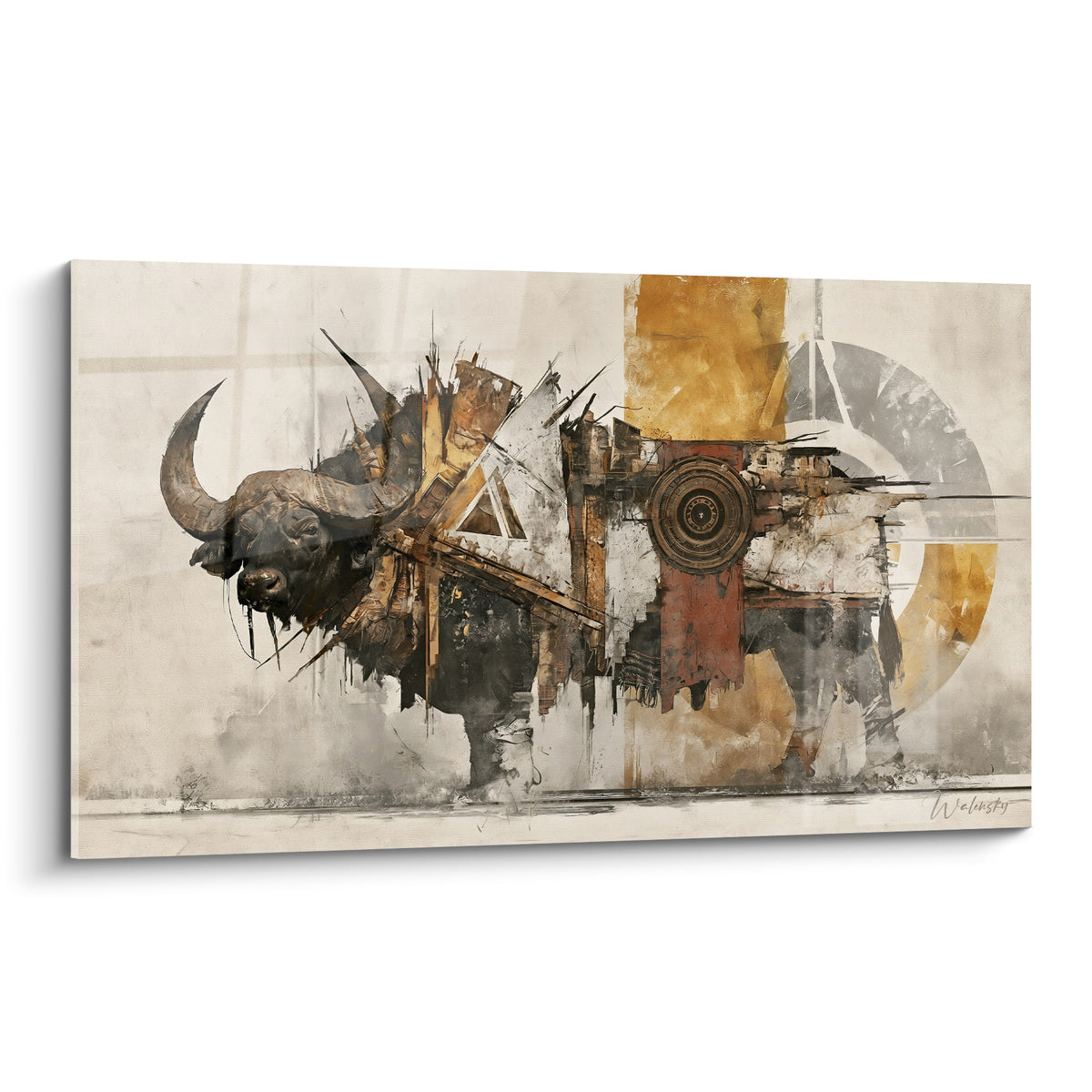 Buffle éclaté en fragments dorés et anthracite, cornes massives, fond beige texturé et lumineux