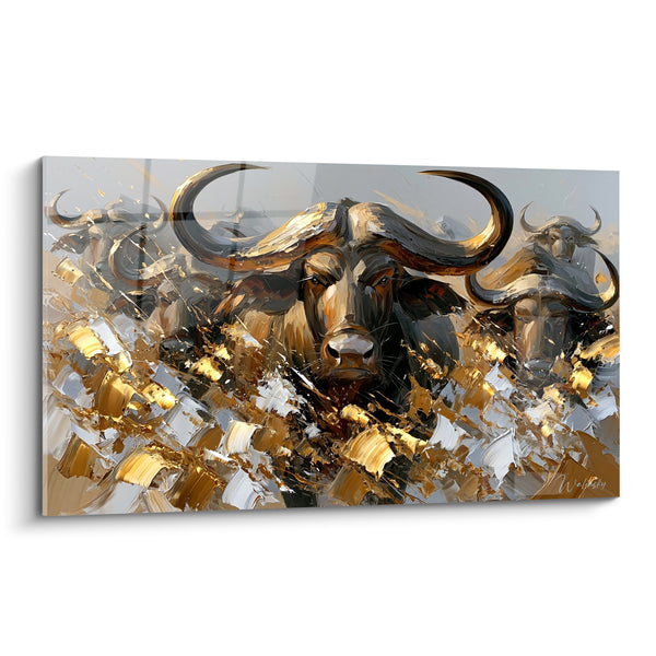 Tableau Buffles dorés aux herbes anthracite - Traversée de la savane - Edition Buffle