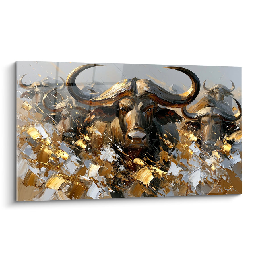 Tableau Buffles dorés aux herbes anthracite - Traversée de la savane - Edition Buffle