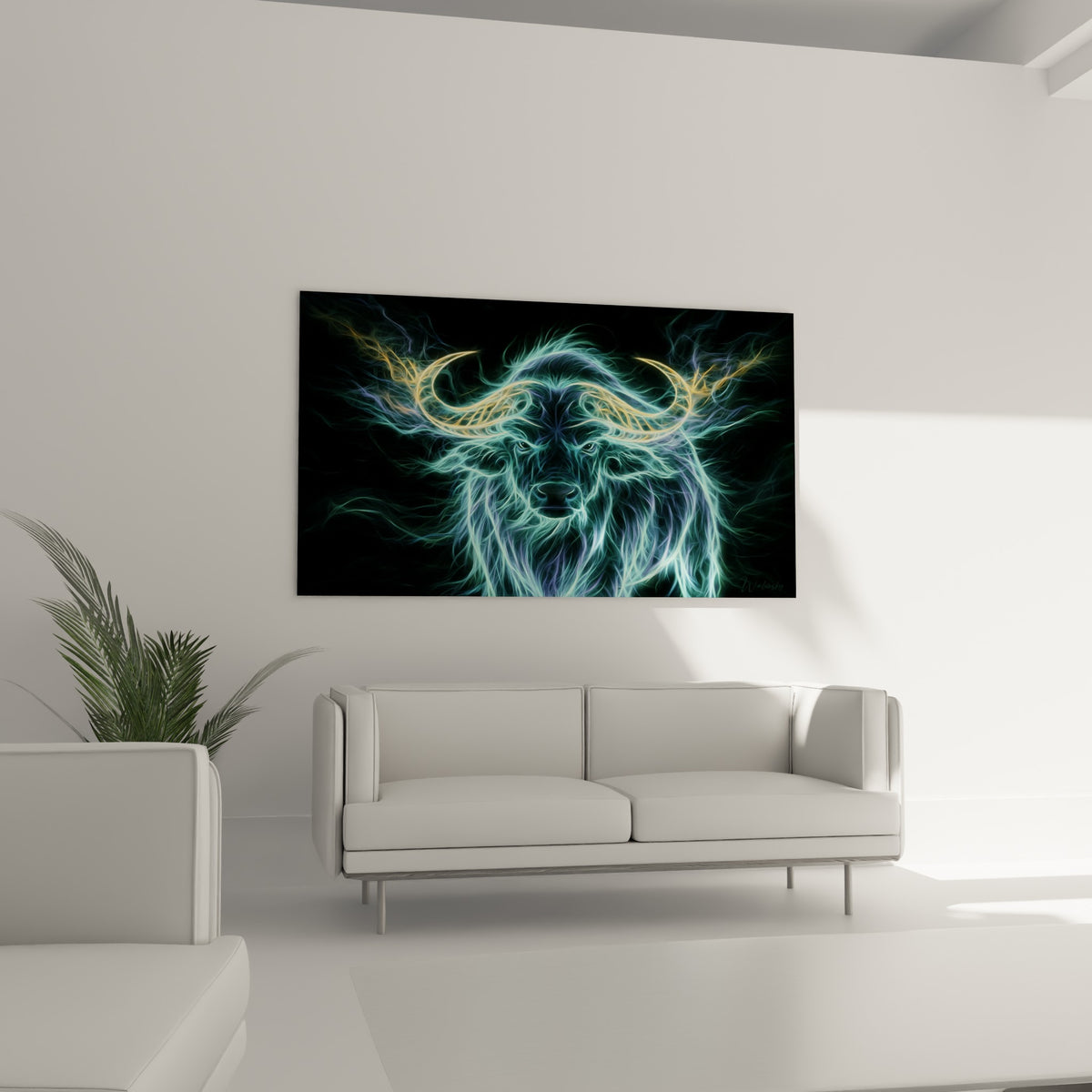 Fibres lumineuses bleu pastel et doré du buffle mystique au-dessus d'un canapé dans un salon lumineux