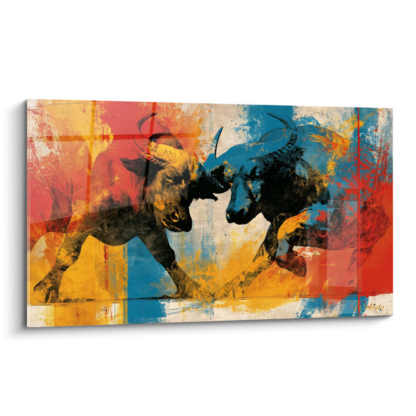 Tableau Buffles affrontés fond ocre et bleu - Duel de titans - Edition Buffle