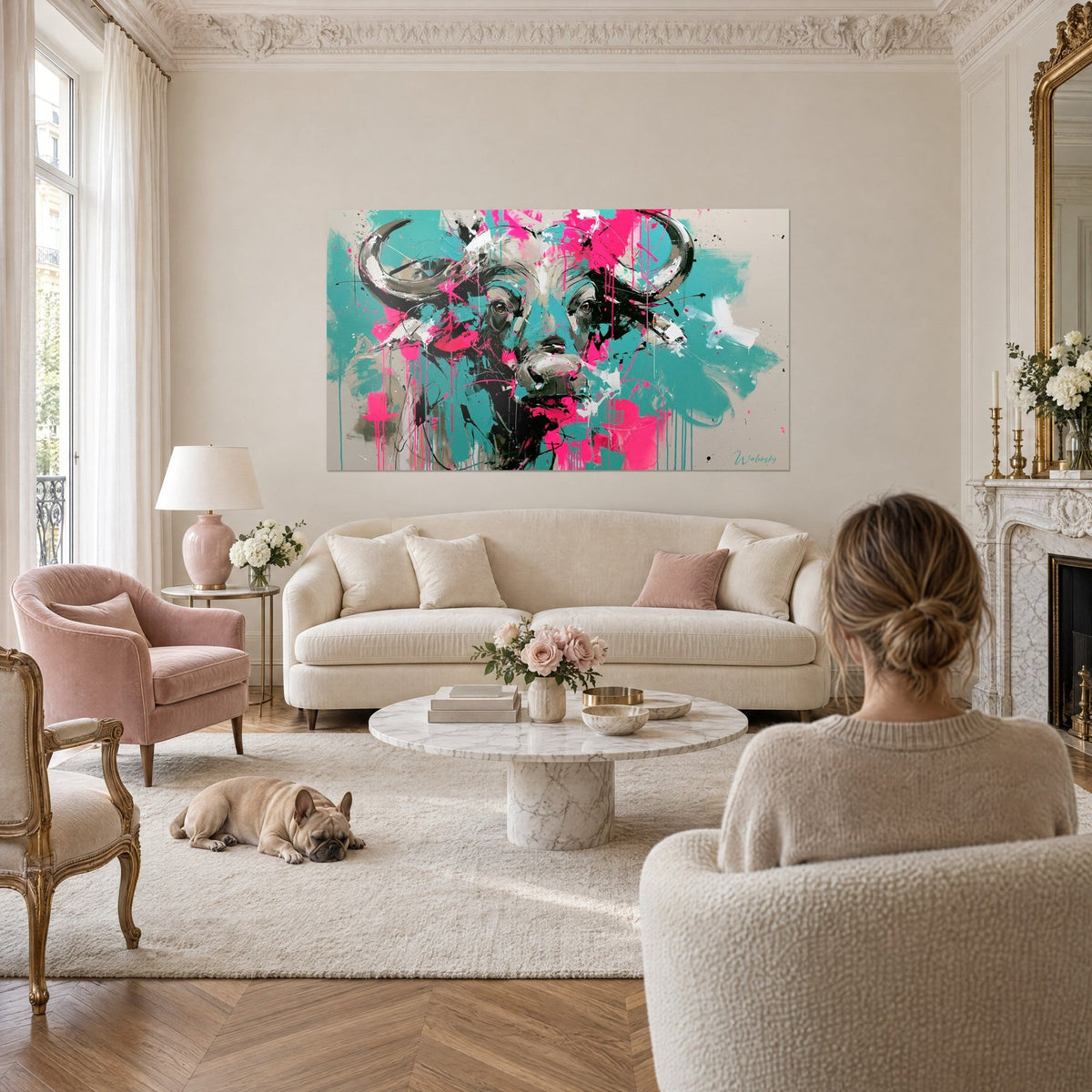Gemälde Büffel mit grauen Hörnern und rosa Spritzern auf türkisem Grund, Paar von hinten und Bulldogge, über einem Sofa in einem hellen Wohnzimmer