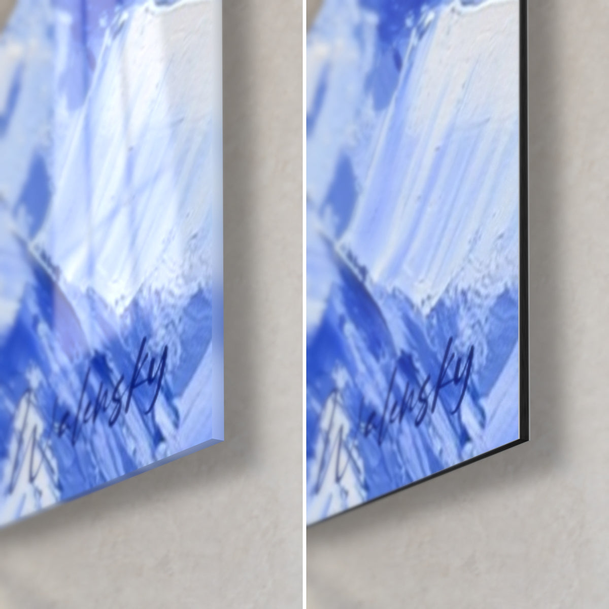 Quadro toro selvaggio blu navy e bianco, angolo in basso a destra: vetro acrilico lucido a sinistra, alluminio Dibond opaco a destra, spessore 3 mm