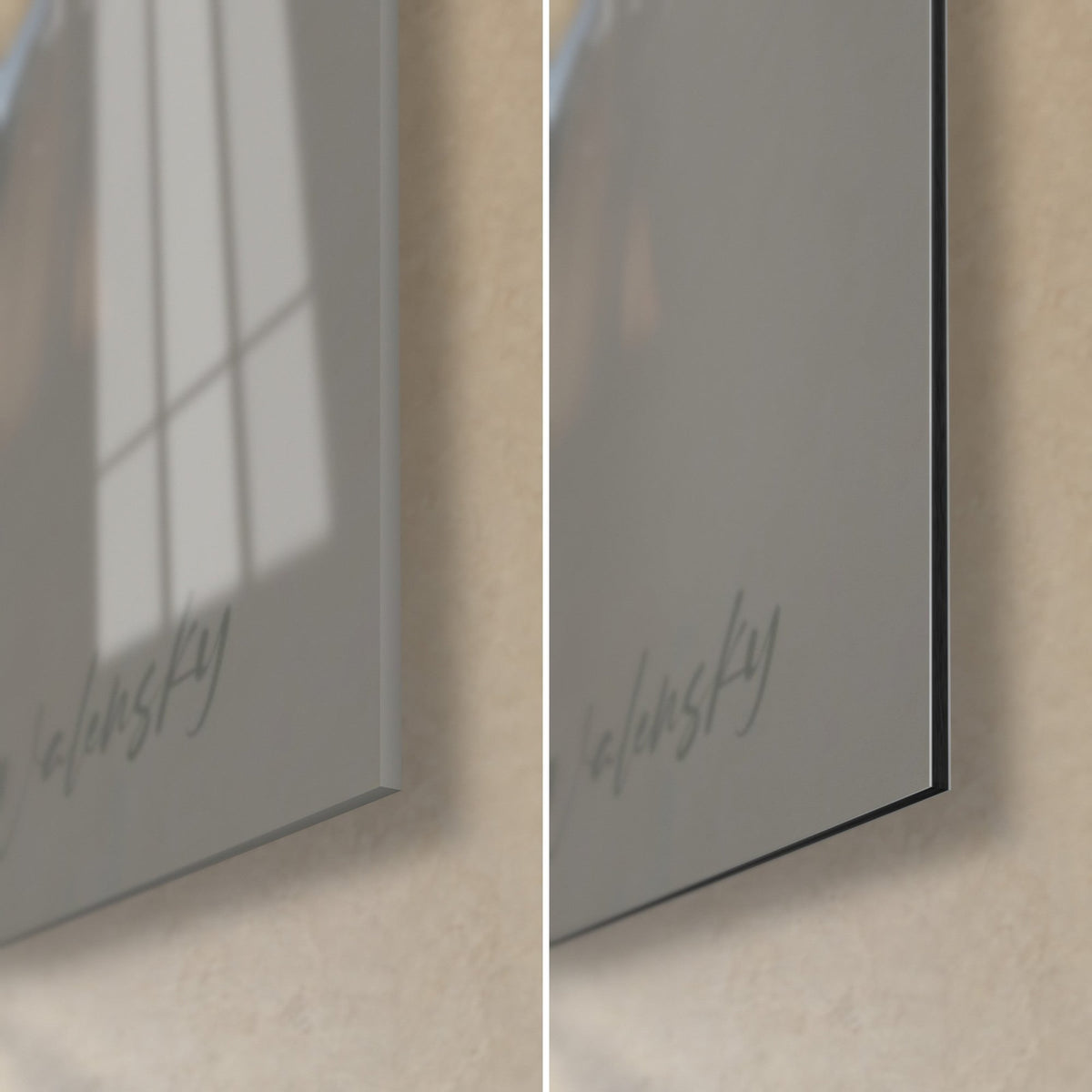 Gemälde dunkler Büffel, untere rechte Ecke: glänzendes Acrylglas links, mattschwarzes Alu-Dibond rechts, 3 mm Kante und Signatur