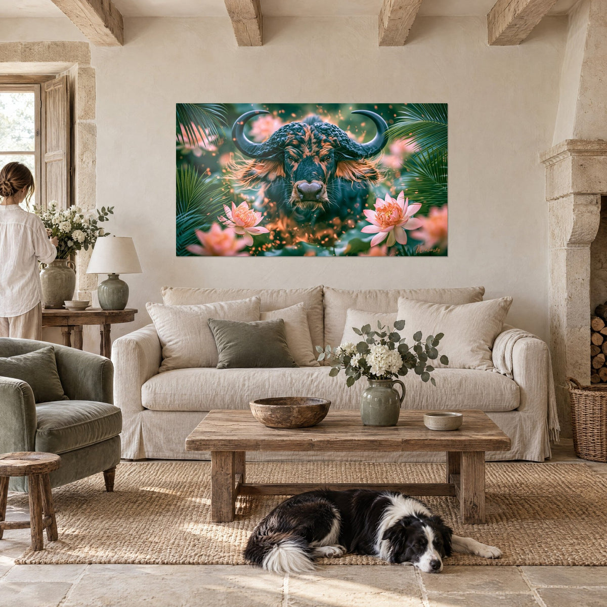 Tableau buffle noir aux cornes massives parmi lotus roses et palmes vertes, collie couché, au-dessus d'un canapé dans un salon lumineux