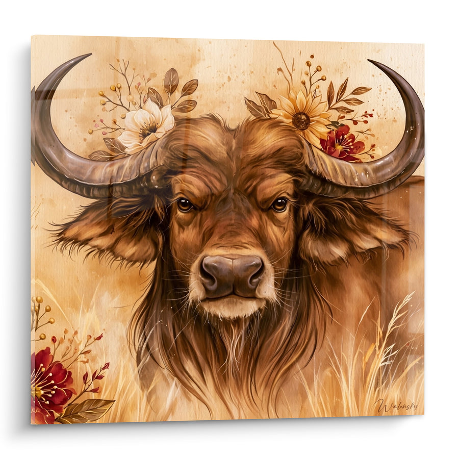Tableau Buffle fauve aux fleurs d'automne - Couronne sauvage - Edition Buffle