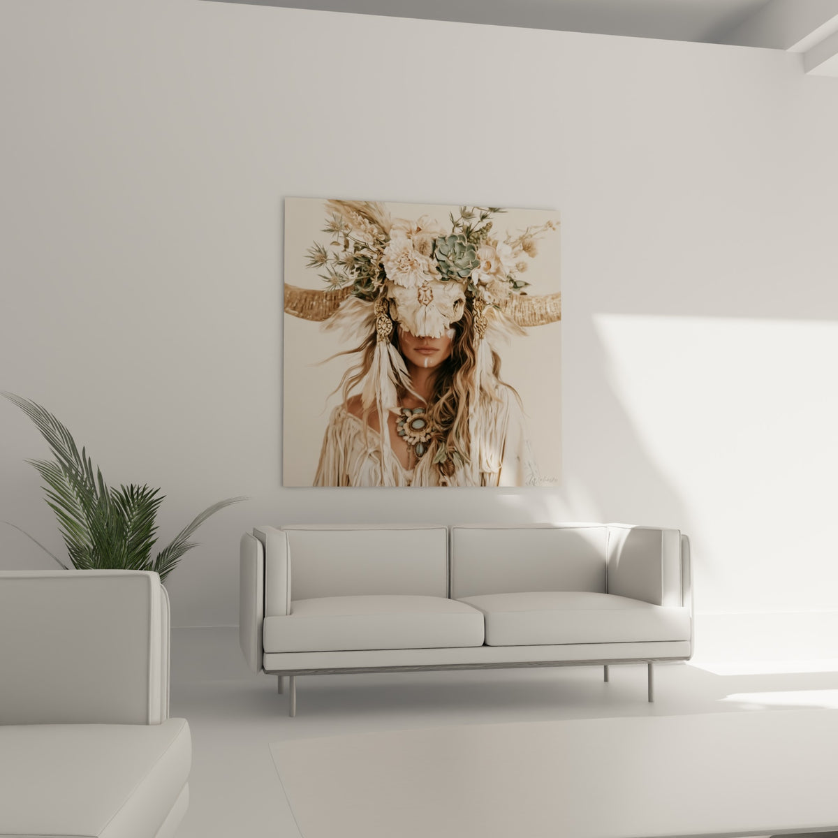 Portrait mystique au crâne de buffle et fleurs pastel, au-dessus d'un canapé dans un salon lumineux