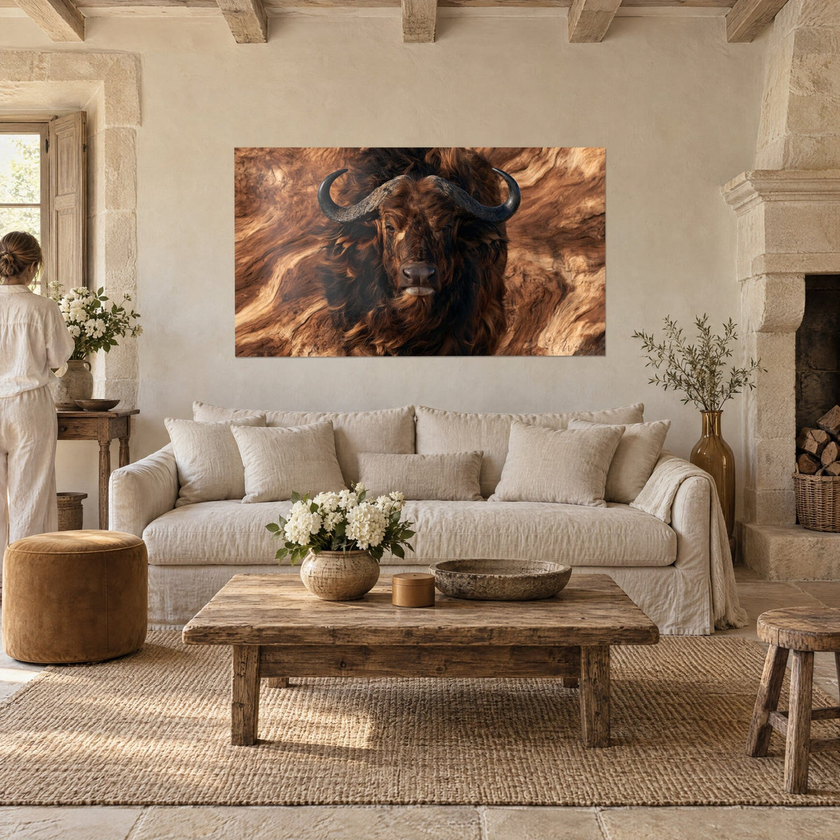 Schilderij Kaapse buffel met frontale blik, gebogen zwarte hoorns, roodbruine vacht, boven een bank in een lichte woonkamer
