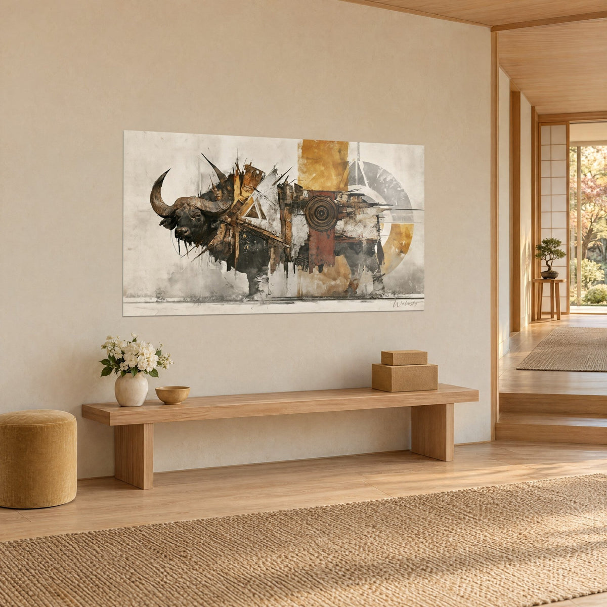 Schilderij wilde stier van okerkleurige, antracietkleurige en witte platen, schuin gezien in een japandi-gang