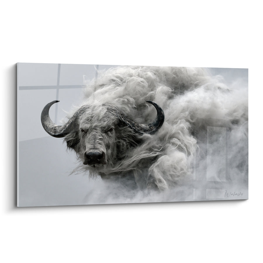 Tableau Buffle gris et blanc dans la brume - Apparition sauvage - Edition Buffle
