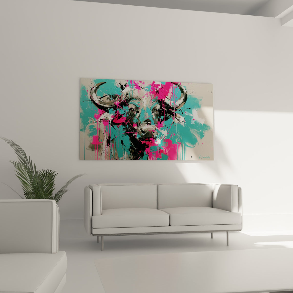 Museau du buffle sombre traversé de coulures roses et turquoise, disposé au-dessus d'un canapé dans un salon lumineux