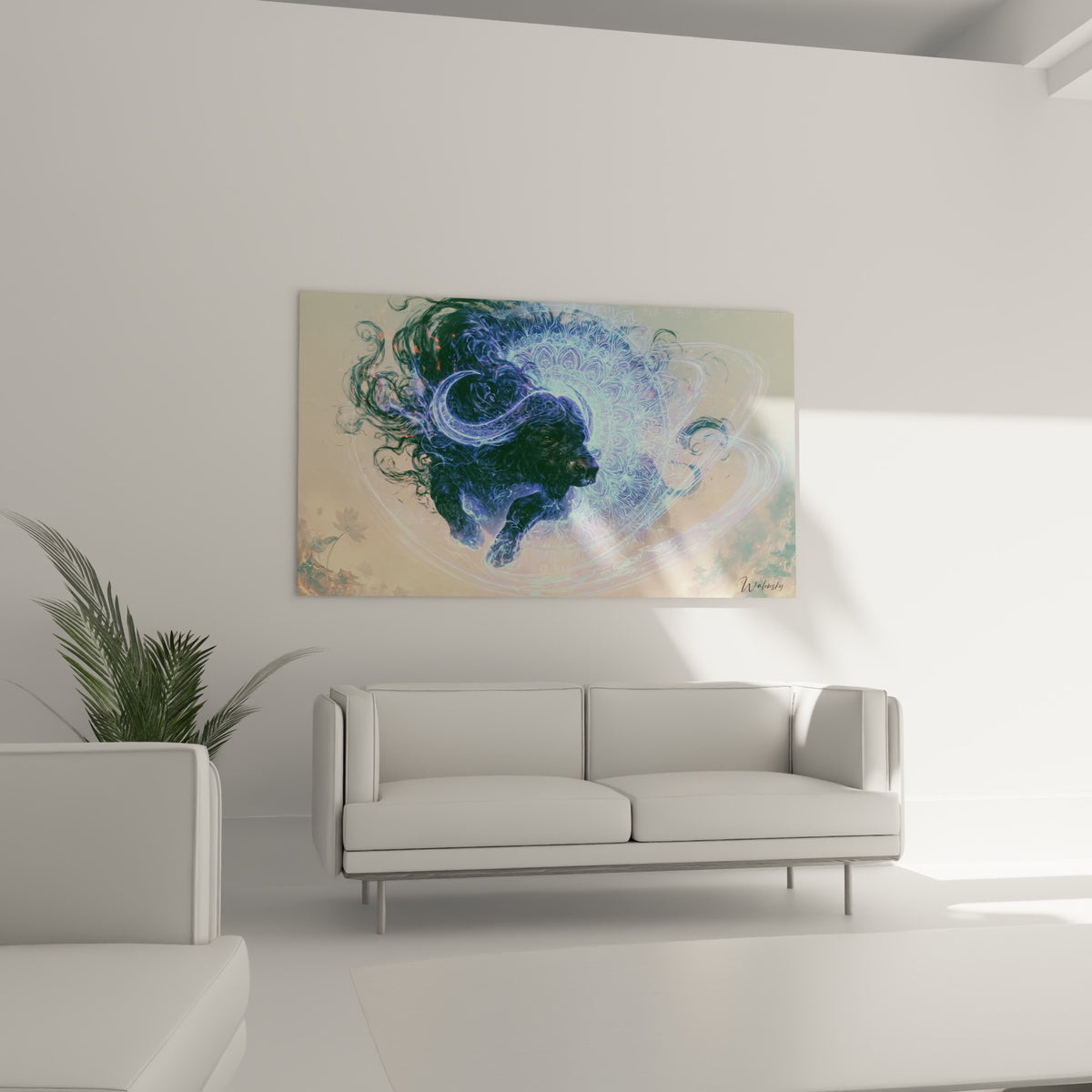 Énergie du Buffle sombre entourée d'arcs lumineux bleu pastel, au-dessus d'un canapé dans un salon lumineux