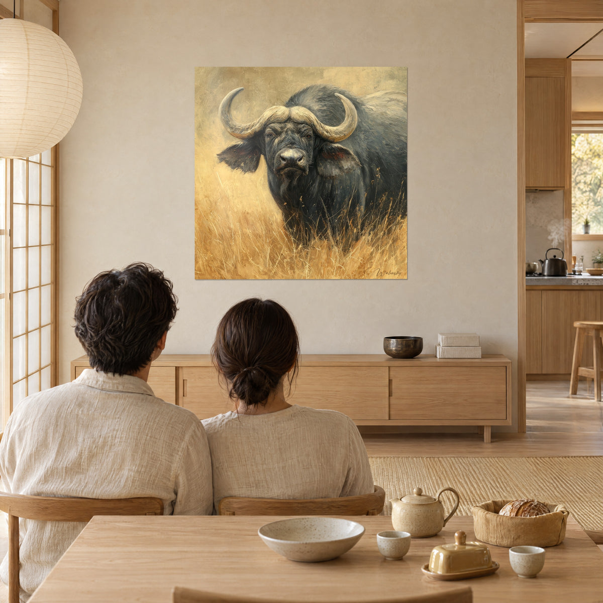 Tableau animal de la savane aux cornes courbes beige clair, robe charbon et herbes safran, admiré par un couple de dos dans une salle à manger