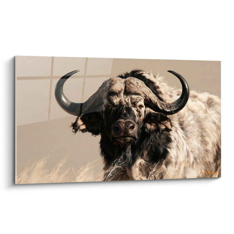 Tableau Buffle ivoire aux cornes anthracite - Face à la savane - Edition Buffle