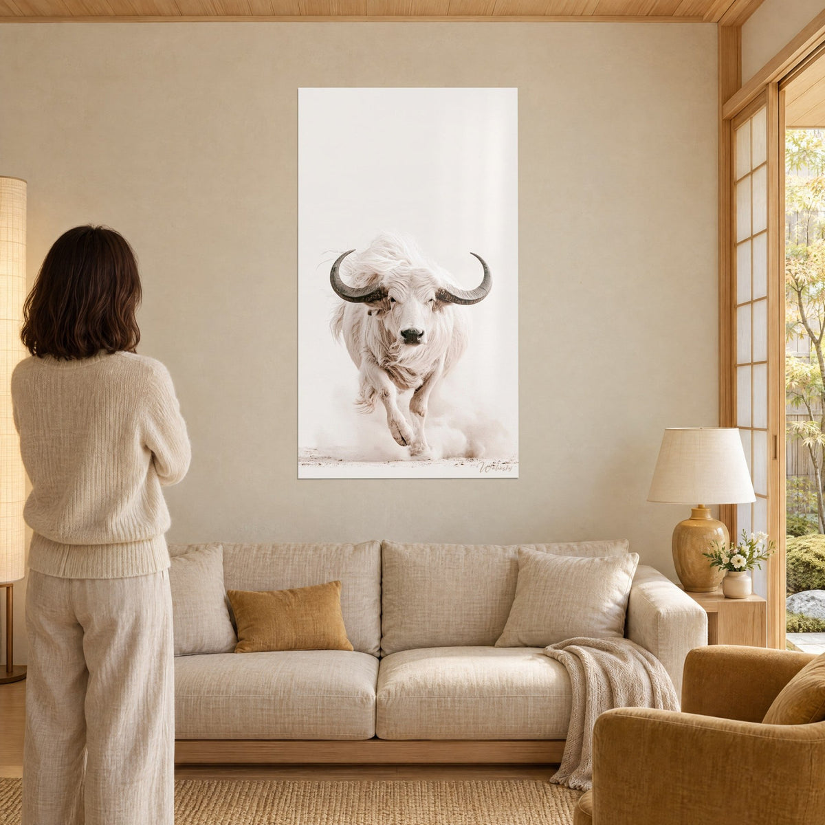Quadro bufalo bianco che carica attraverso una nuvola di polvere, corna grigie e pelo color crema, sopra un divano in un soggiorno luminoso
