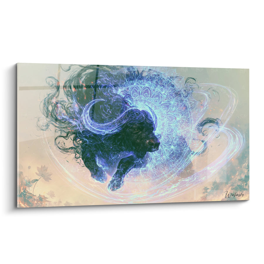 Tableau Buffle noir auréolé d'un mandala turquoise - Esprit gardien - Edition Buffle