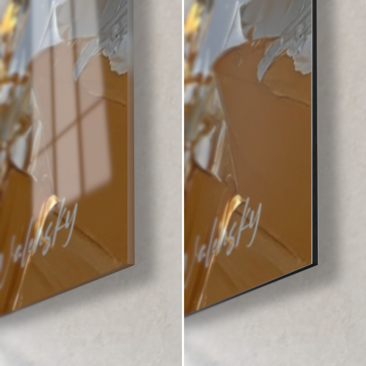 Cuadro Búfalos pintados con espátula, esquina inferior derecha: reflejos sobre cristal brillante, ocre mate sobre Dibond negro y canto de 3 mm