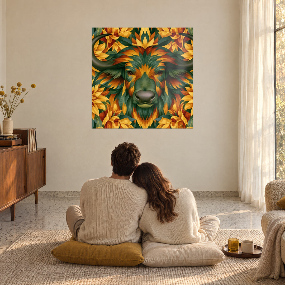 Schilderij symmetrische florale buffel, vonken van gebrand oranje en flessengroen, crèmekleurige muur van een woonkamer badend in natuurlijk licht