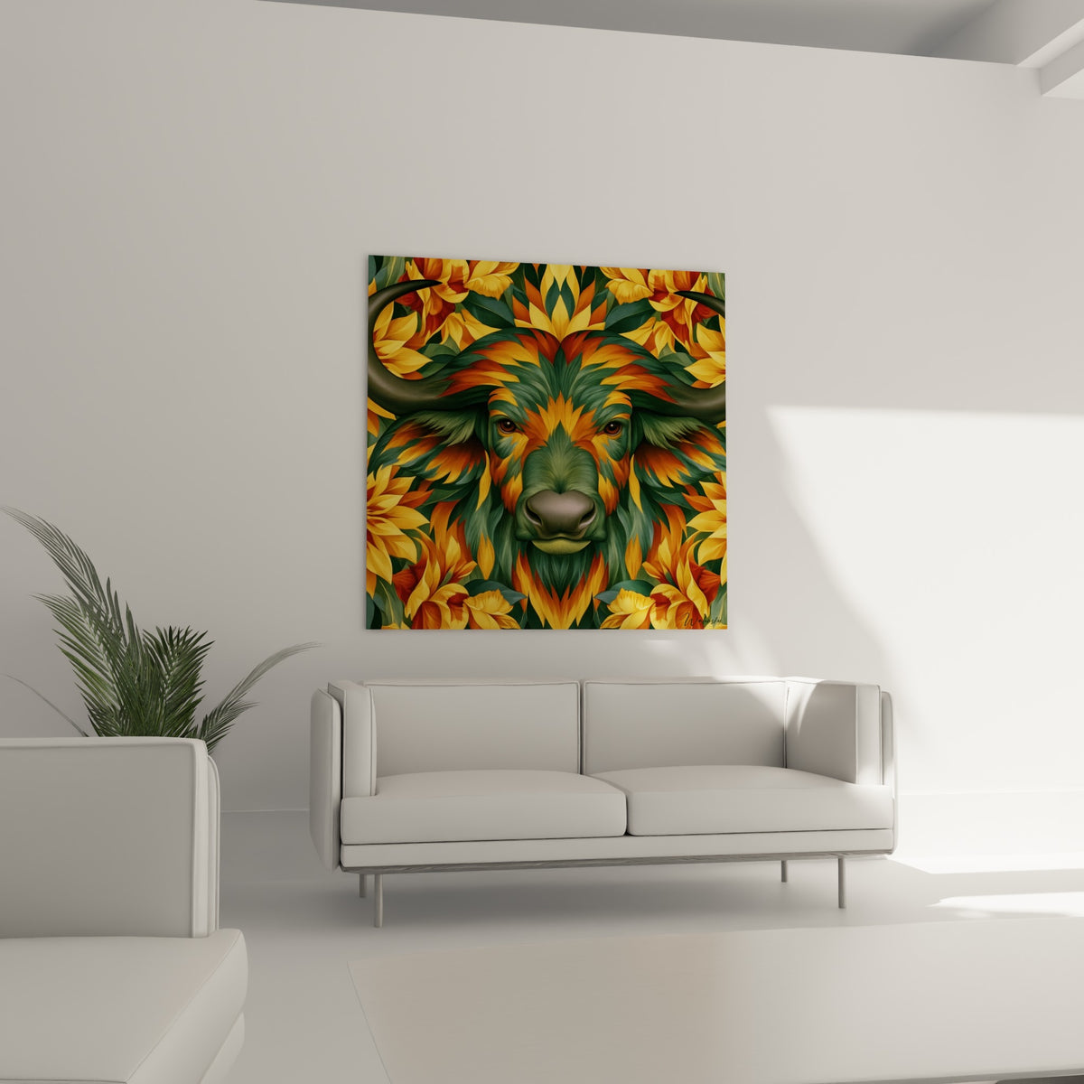 Museau anthracite et fleurs dorées du buffle tropical au-dessus d'un canapé dans un salon lumineux