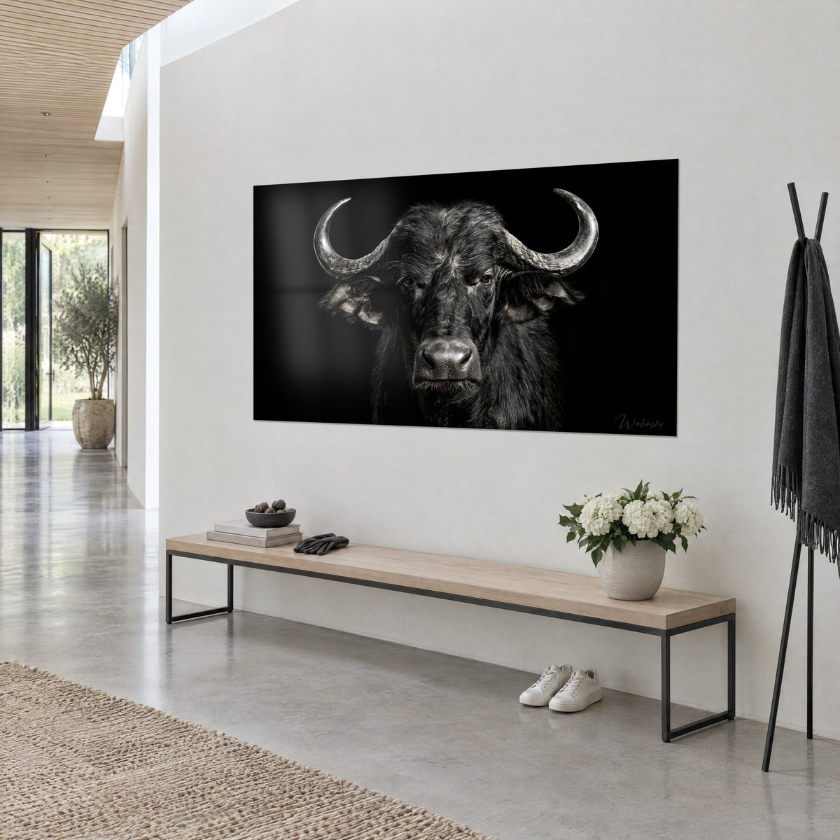 Schilderij frontaal portret van een wilde runder, getextureerde grijze snuit op diep zwart achtergrond, witte muur en lichte houten bank