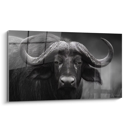 Cuadro de búfalo blanco y negro en retrato - Mirada Salvaje - edición búfalo