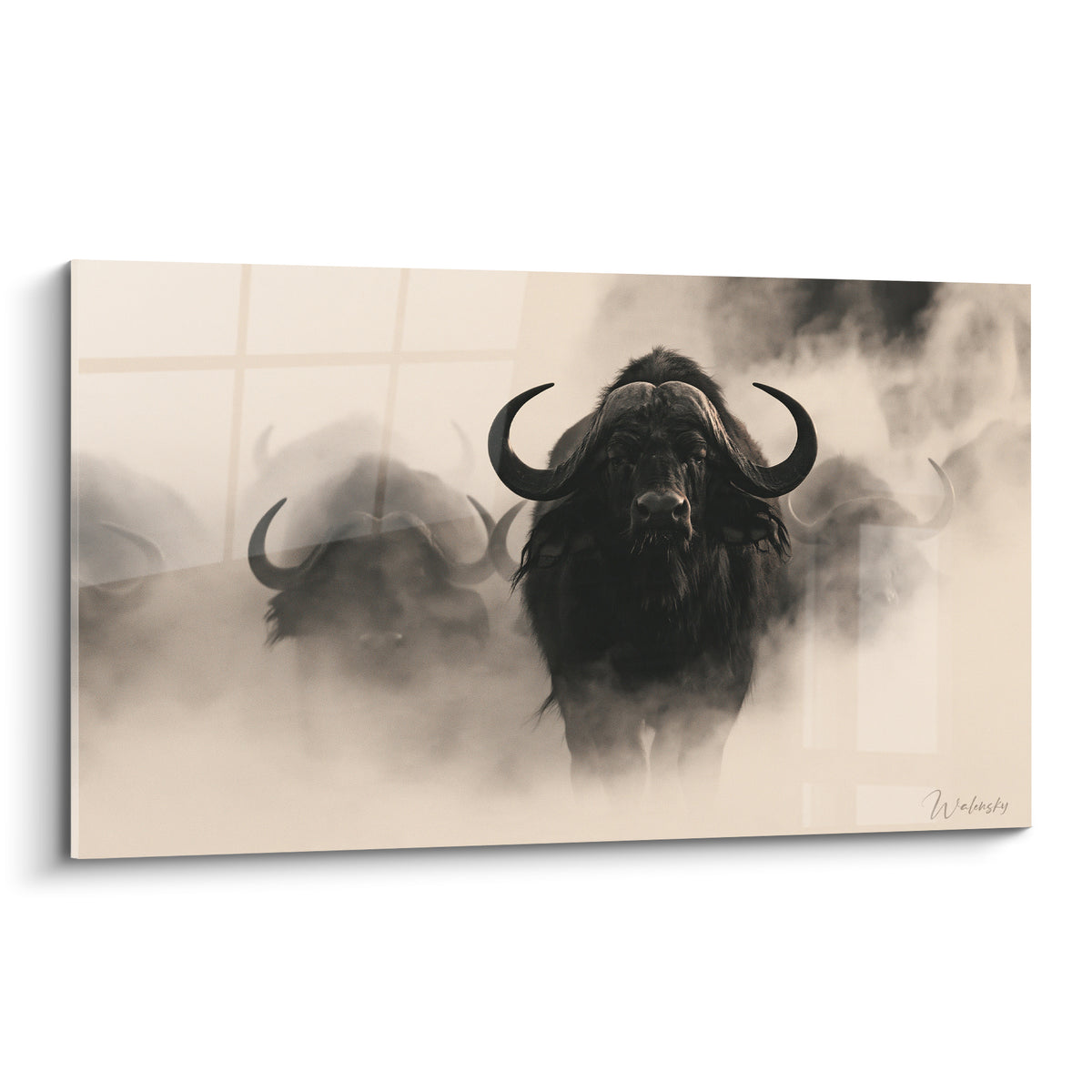 Tableau buffle noir massif aux cornes recourbées émergeant d'une brume beige et sépia