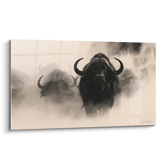Tableau Buffle noir aux cornes massives dans la brume - Sentinelle de la brume - Edition Buffle
