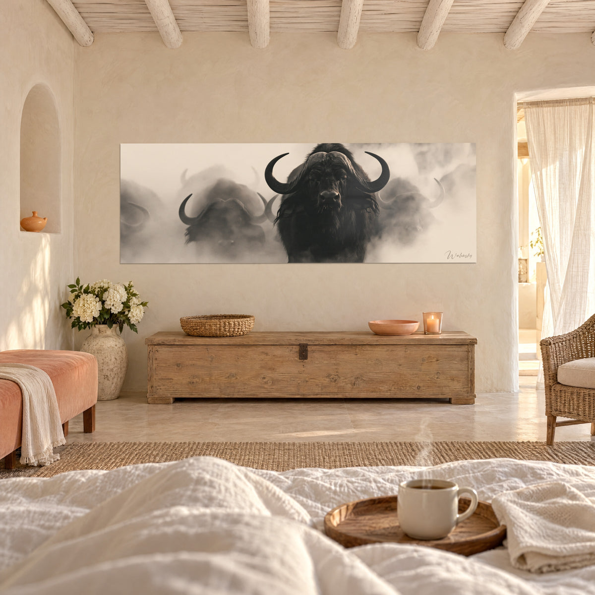 Wall art Horned black-coated beast rising from a cloud of sepia and cream dust, above a bed in a light bedroom