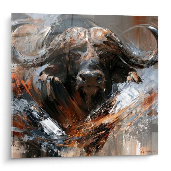 Tableau Buffle noir aux cornes anthracite - Face à la puissance - Edition Buffle