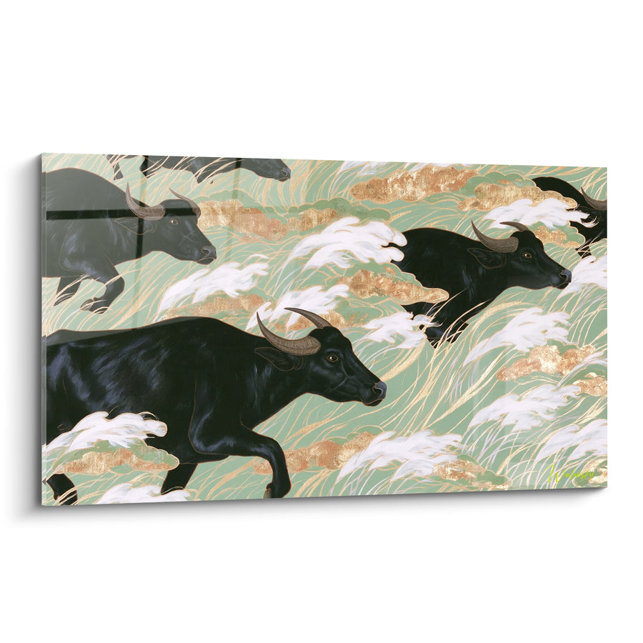 Tableau Buffles noirs traversant des vagues vertes - Traversée des flots - Edition Buffle
