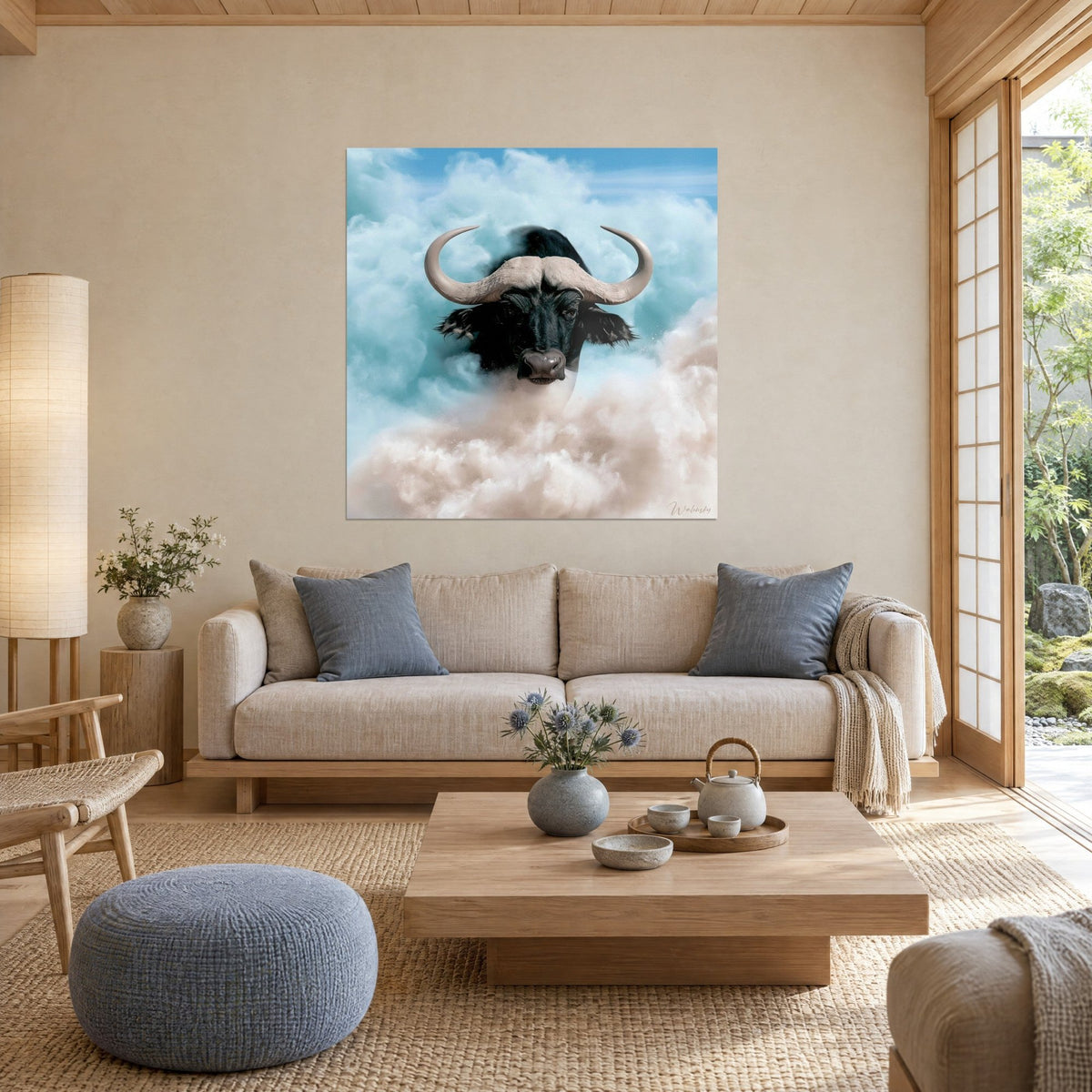Tableau buffle noir aux cornes ivoire jaillissant d'un nuage bleu turquoise, poussière beige, au-dessus d'un canapé dans un salon lumineux