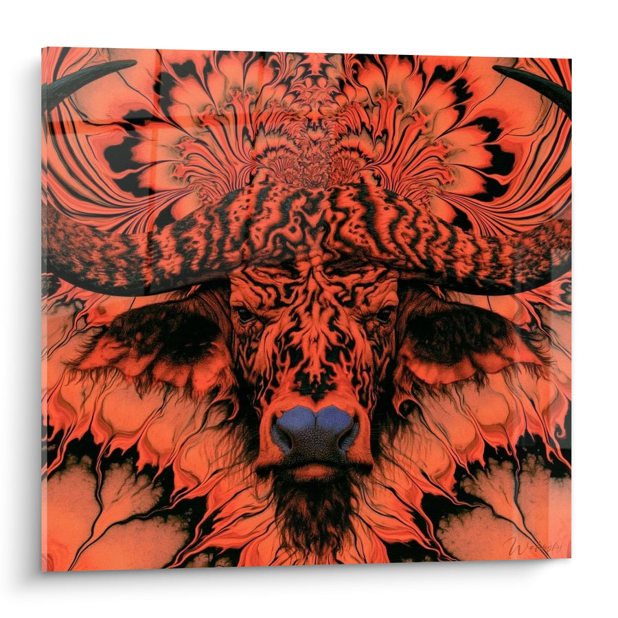 Tableau Buffle orange et noir aux motifs flamboyants - Esprit ancestral enflammé - Edition Buffle