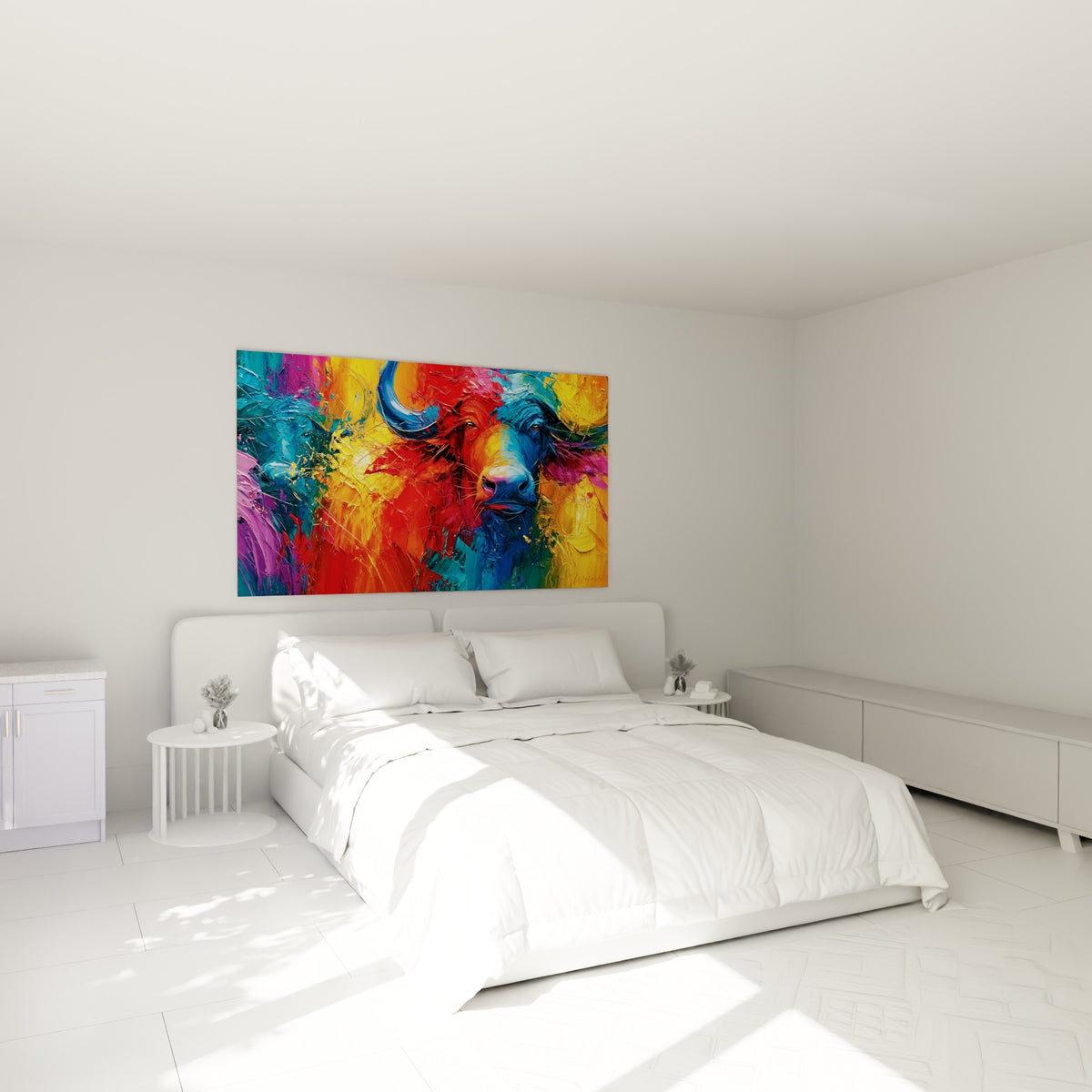 Cornes bleues et pelage orangé de ce buffle éclatant au-dessus d'un lit dans une chambre claire