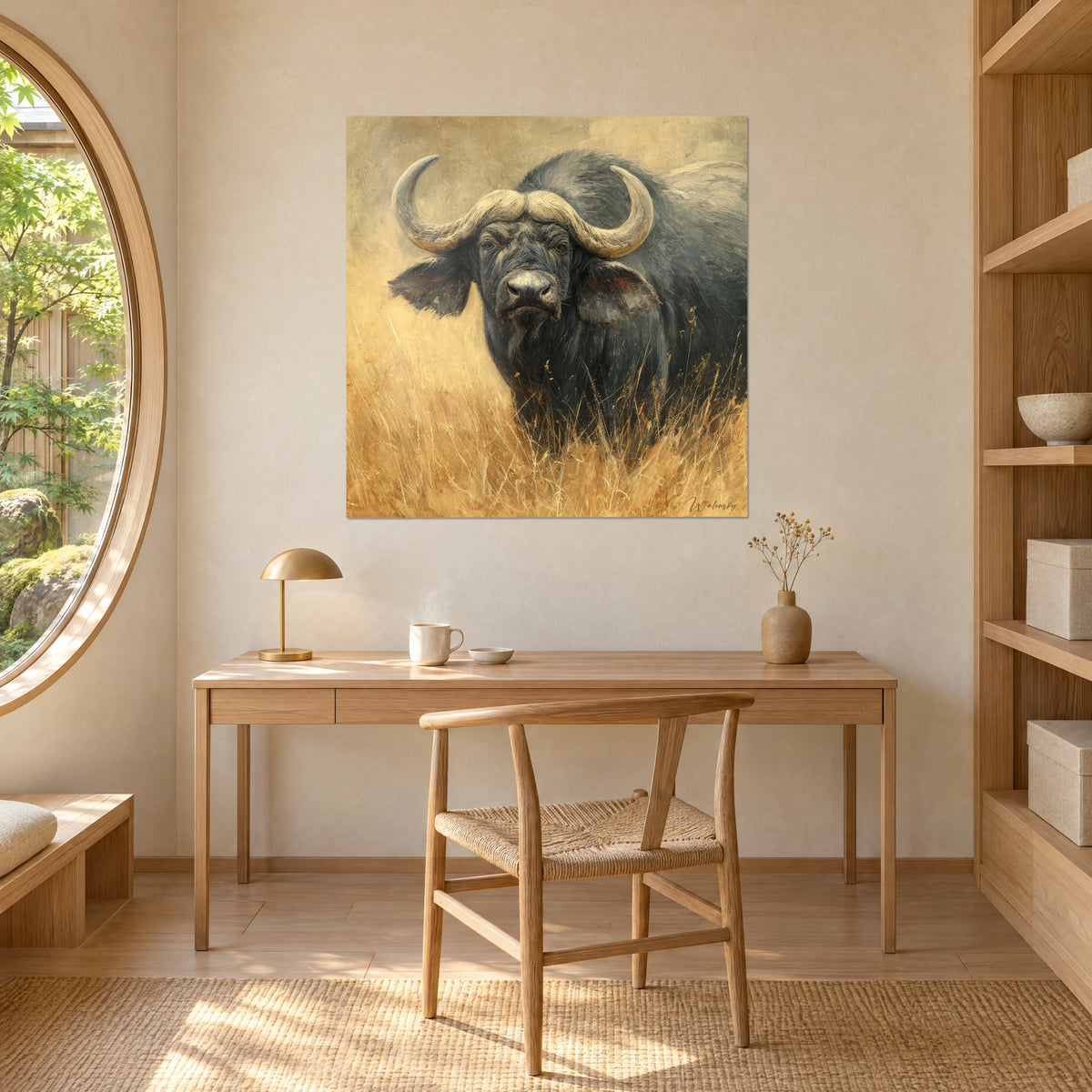 Tableau portrait de buffle à l'huile, oreilles frangées, cornes sable et fond ocre, au-dessus d'un bureau en bois clair