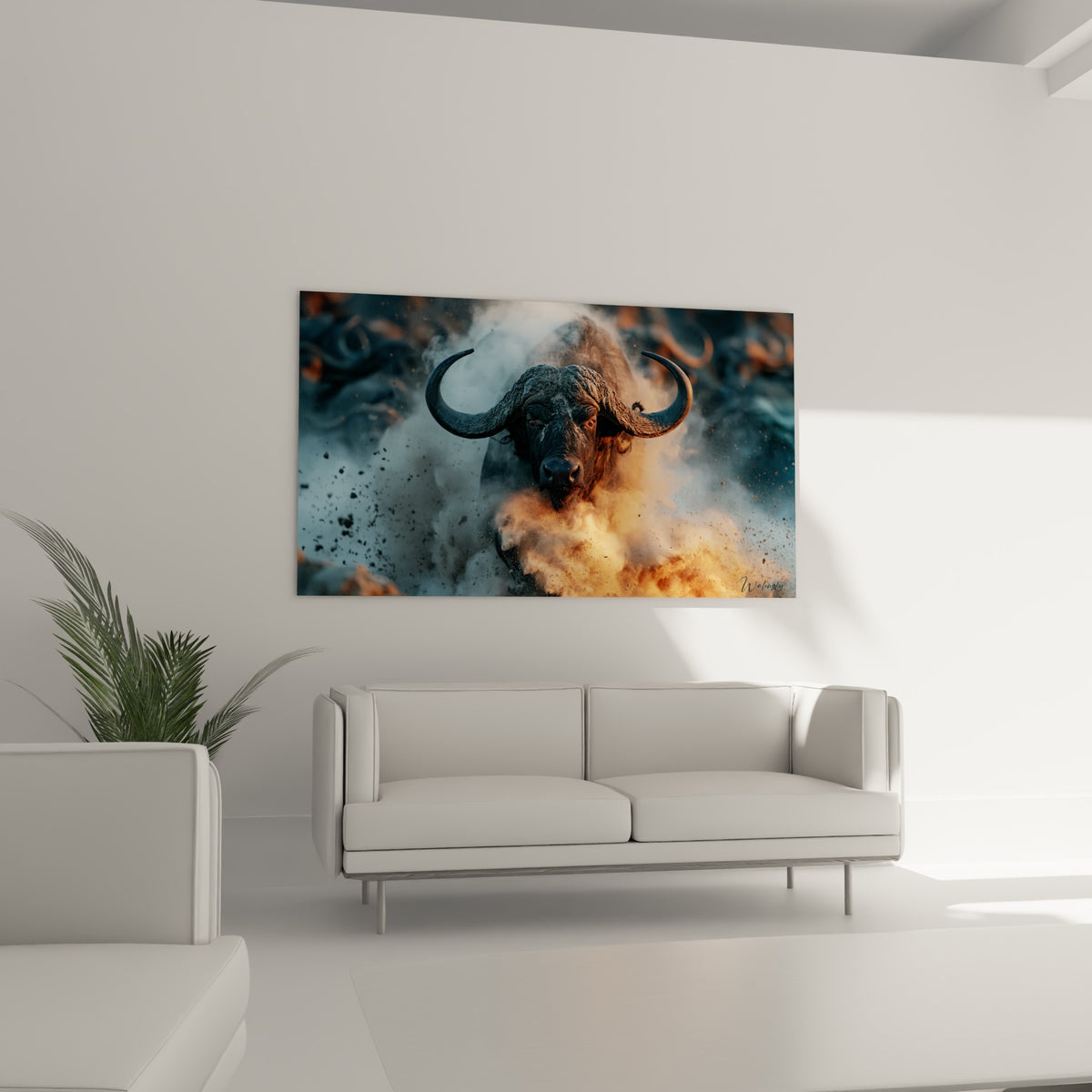 Pelage anthracite du buffle traversant un nuage terracotta en pleine course, au-dessus d'un canapé dans un salon lumineux