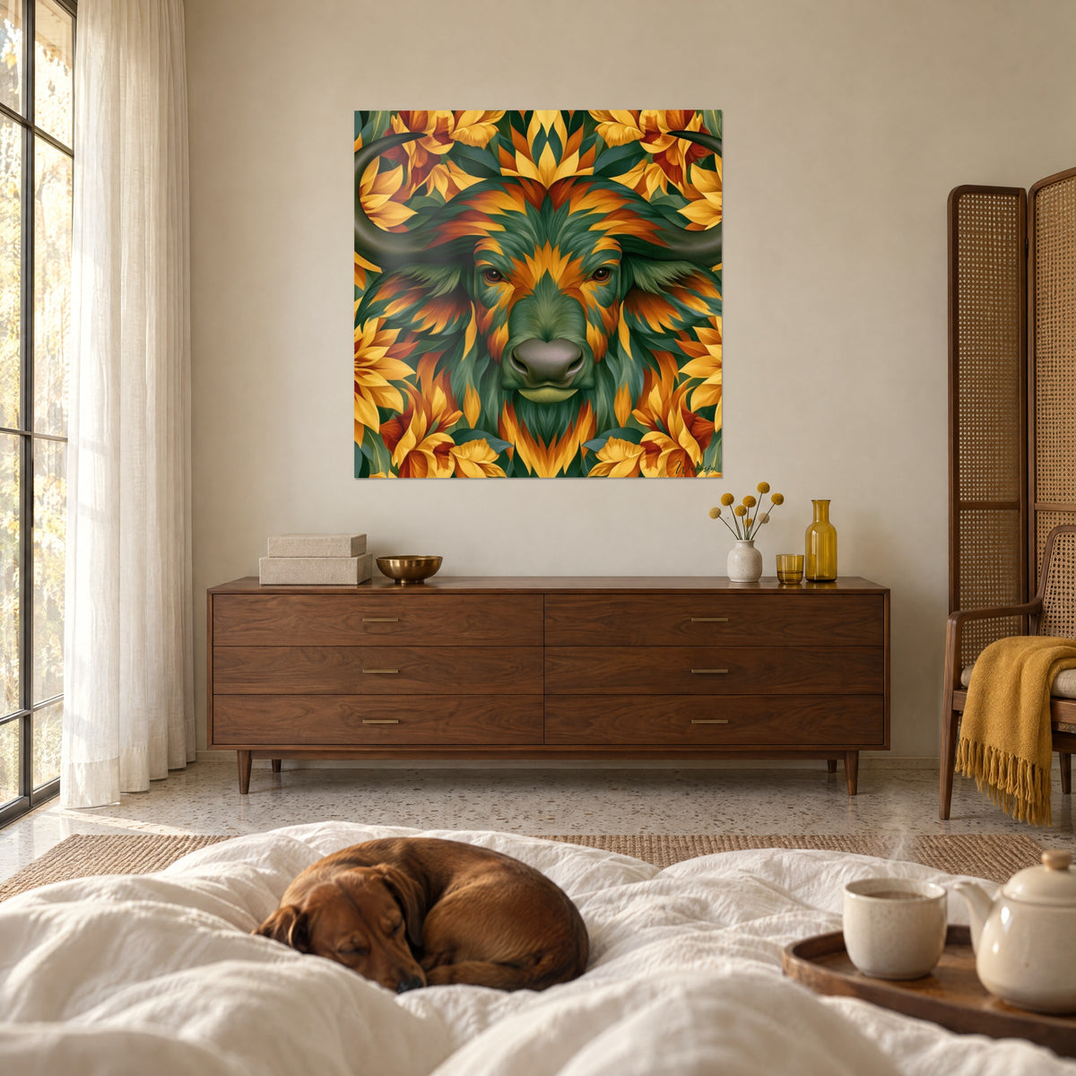 Schilderij symmetrische stier van smaragdgroene bladeren en oranje bloemblaadjes, strakke bruine blik, boven een bed in een lichte slaapkamer