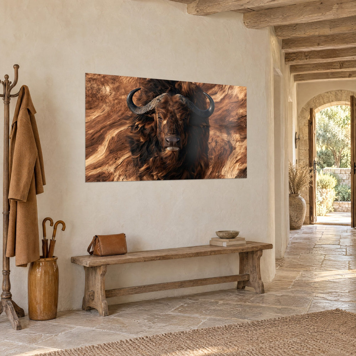 Schilderij wilde stier met zwarte hoorns, chocolade- en zandkleurige vacht op geaderd hout, gestucte muur van een stenen gang