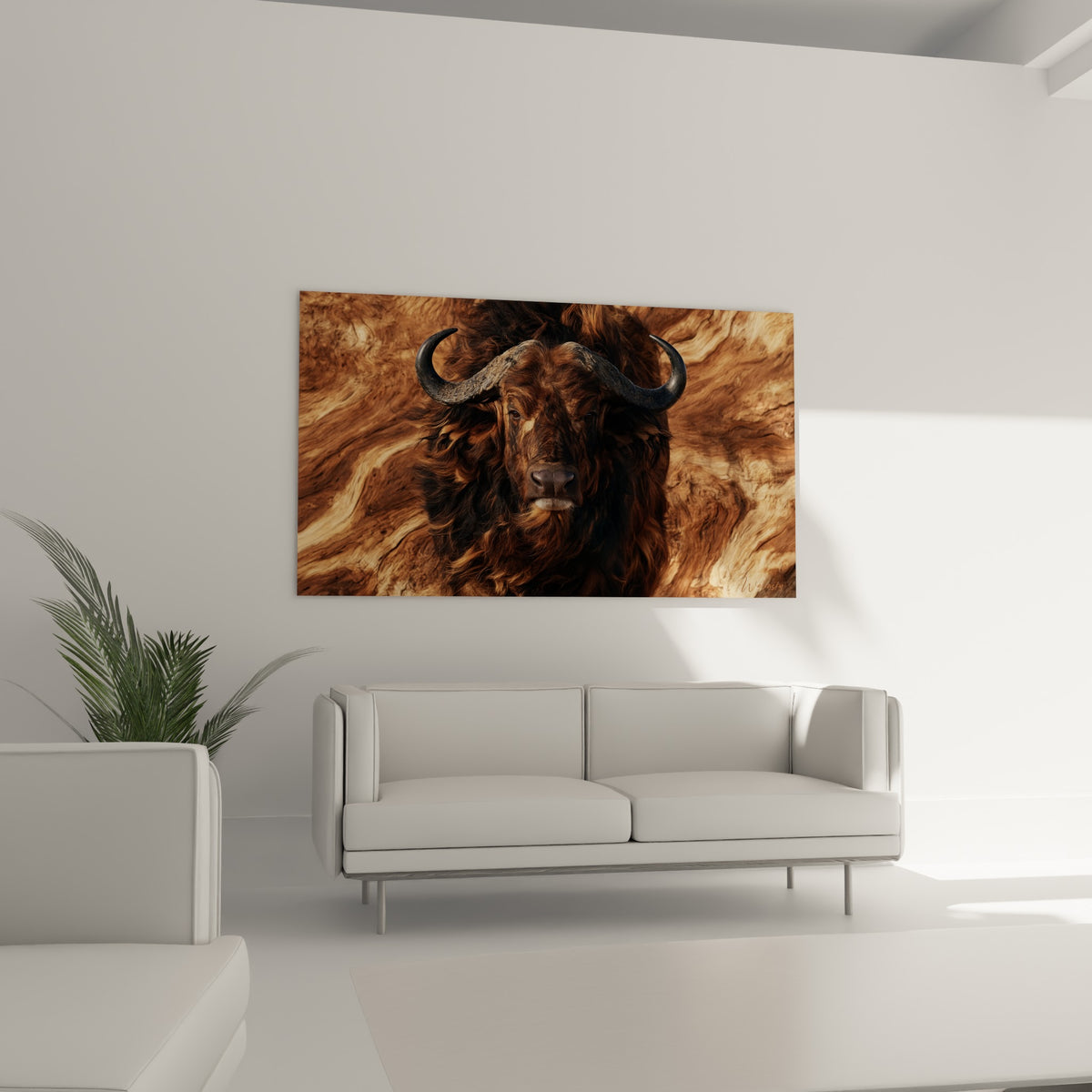 Fourrure brune dense et regard sombre du buffle, au-dessus d'un canapé dans un salon lumineux