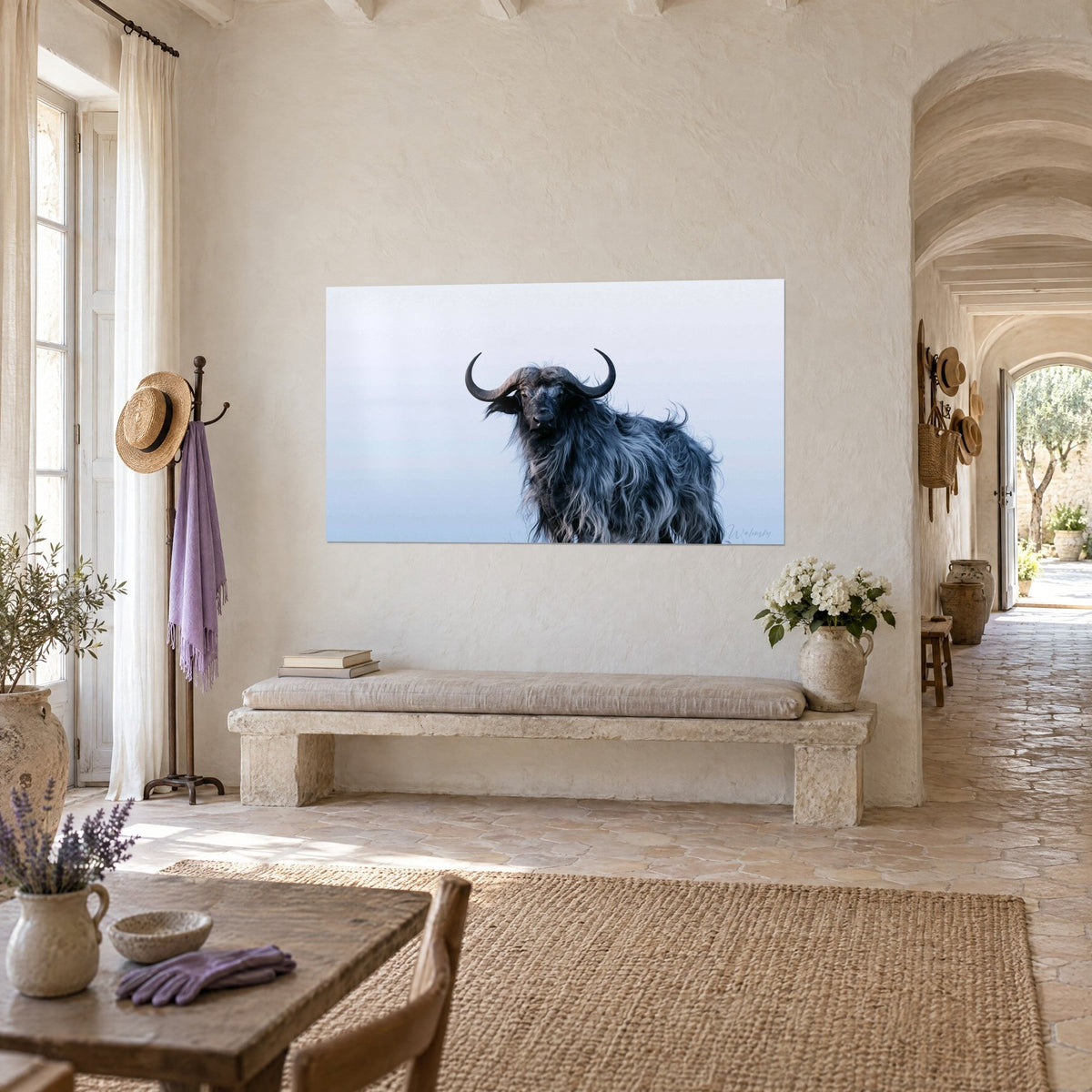 Tableau bovin sauvage au pelage anthracite et argent, museau noir levé vers un ciel lavande, dans un mas provençal en pierre